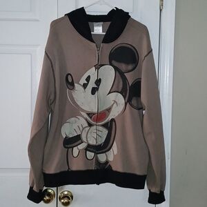 Disney Mickey Mouse tan and black zip up hoodie Sz L EUC